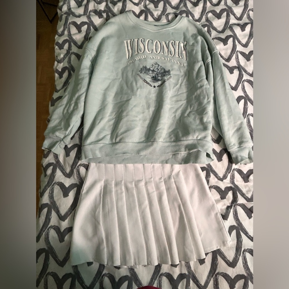 Primark. Sweatshirt (size M) and white tennis skirt (size 4)